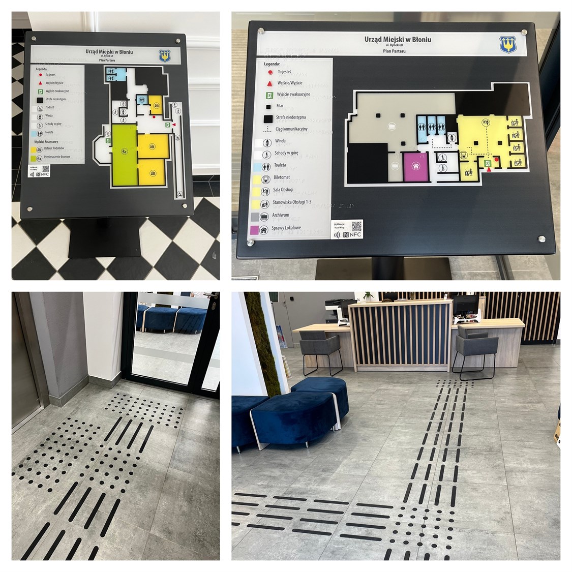 Tyflograficzne plany informacyjne ze znacznikami YourWay Beacon i NFC, linie naprowadzające i pola uwagi w Urzędzie Miejskim w Błoniu. 