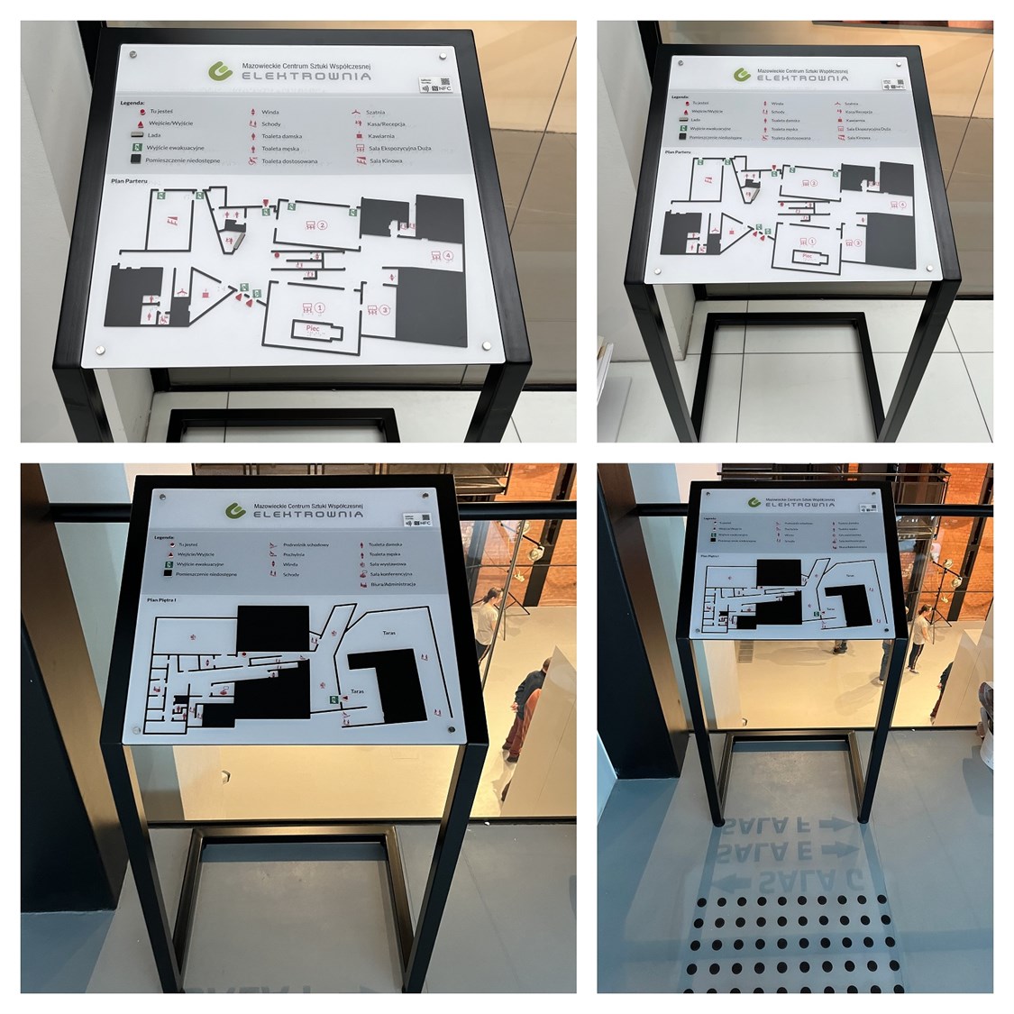 Tyflograficzne plany informacyjne ze znacznikami YourWay Beacon i NFC, a także pola uwagi w Mazowieckim Centrum Sztuki Współczesnej Elektrownia w Radomiu.